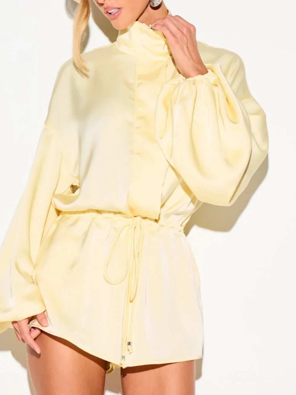 Yellow Casual Women's Mini Funnel Neck Playsuit with Balloon Sleeves